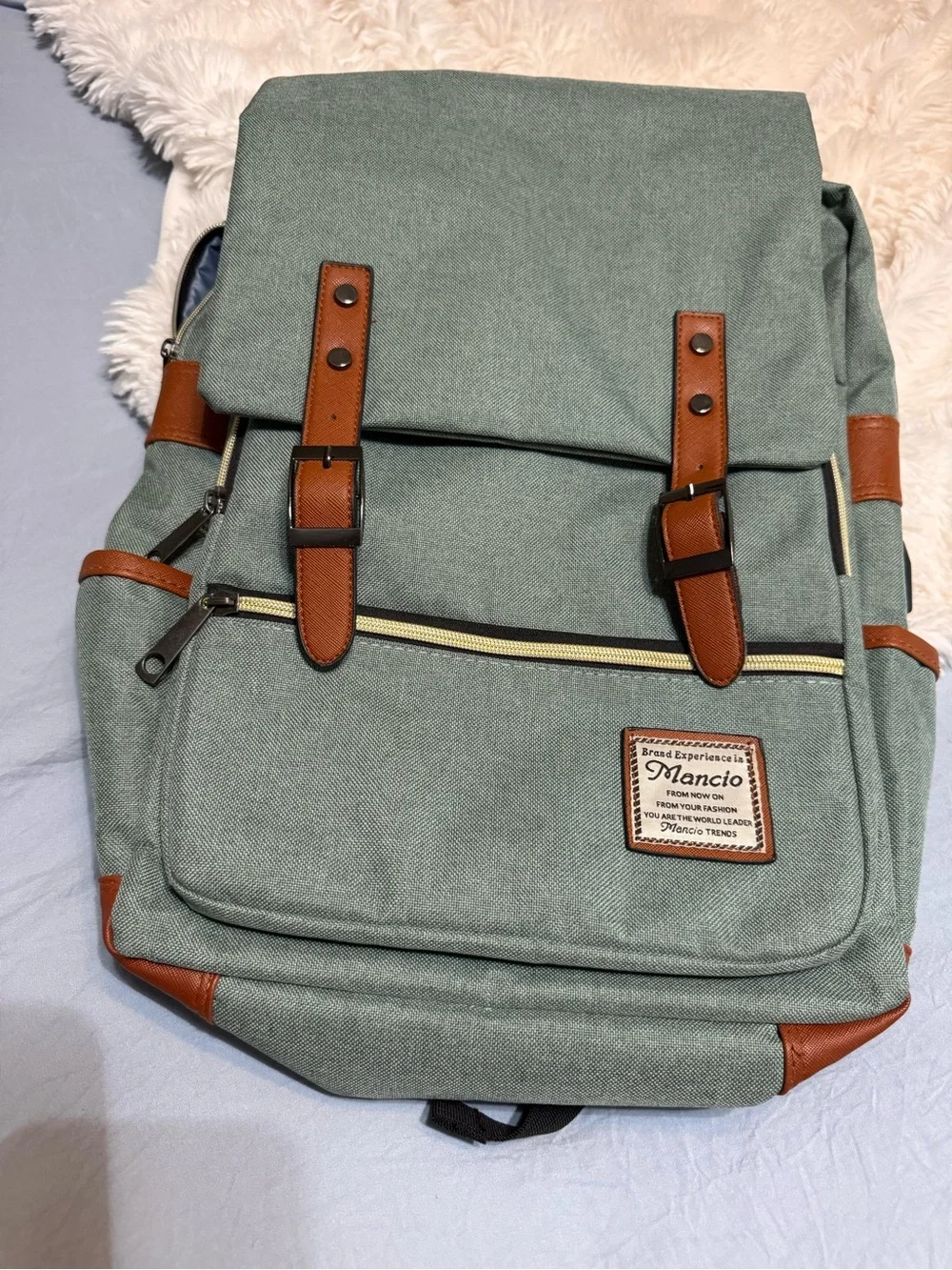Mansion Sage Green Canvas Laptop Backpack with Brown Leather Trim